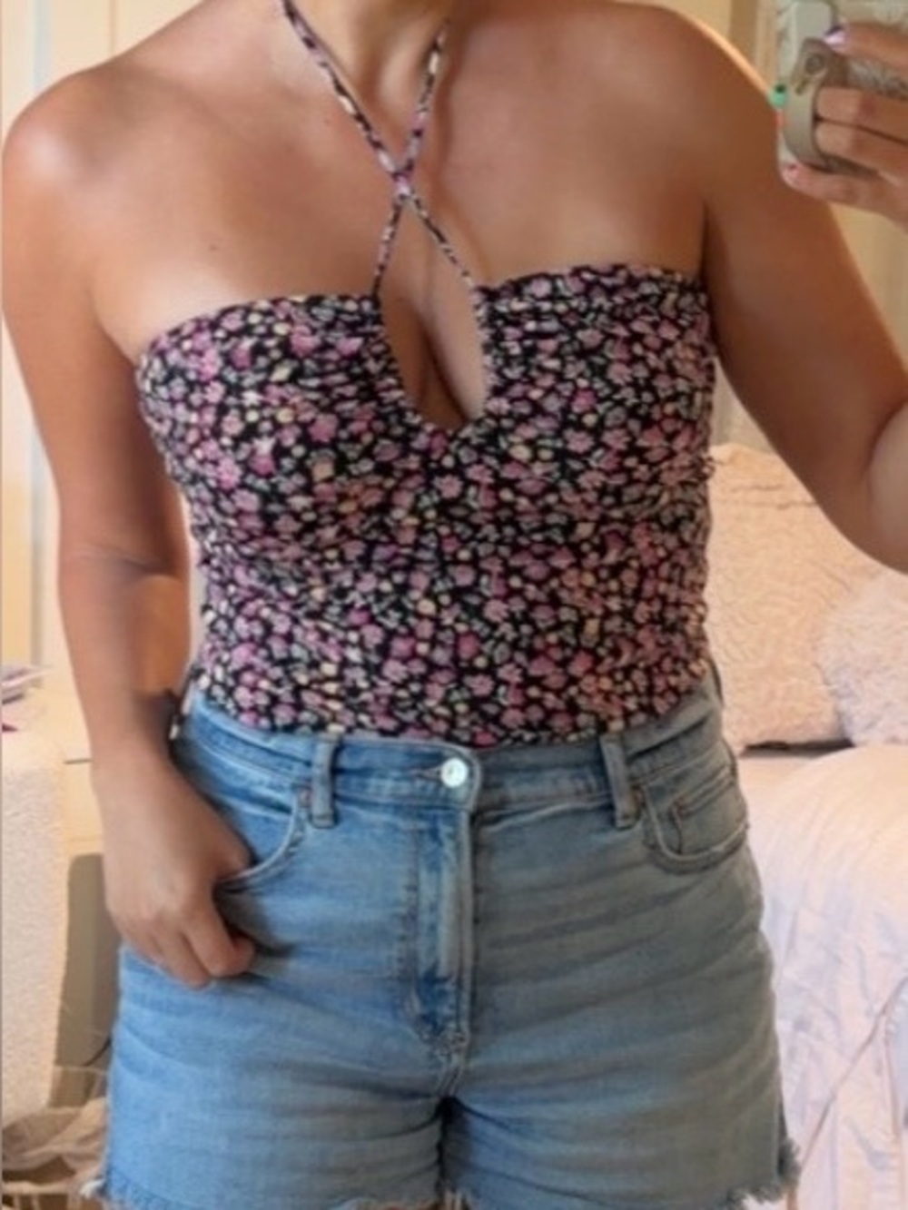 Floral halter bodysuit in Black with Pink Flowers